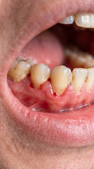 Obraz premium Extreme close-up of human teeth with red bleeding gums, conceptual image of gingivitis, periodontitis and oral hygiene inflammation problems