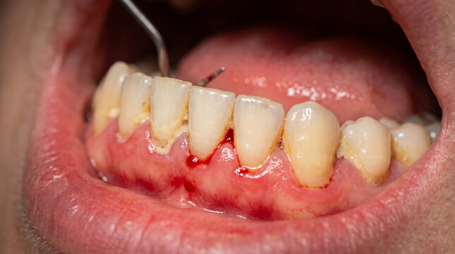 Extreme close-up of human teeth with red bleeding gums, conceptual image of gingivitis, periodontitis and oral hygiene inflammation problems