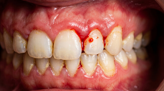 Extreme close-up of human teeth with red bleeding gums, conceptual image of gingivitis, periodontitis and oral hygiene inflammation problems