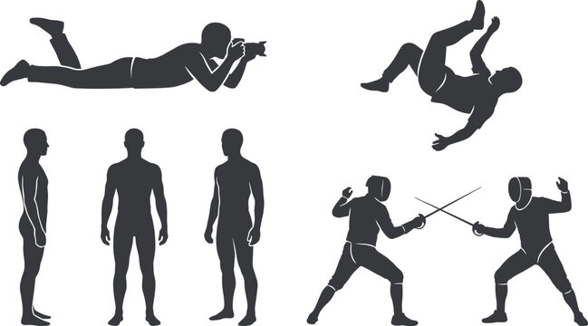 Human silhouette set featuring photographer fencing athletes falling figure and male body poses isolated collection