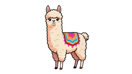 Fototapeta premium Cute fluffy Alpaca with colorful saddle blanket standing