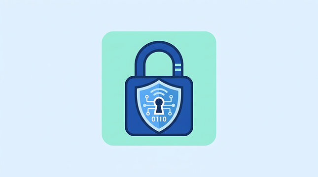 Cybersecurity Icon Illustration of a Digital Padlock with Shield and Binary Code for Data Privacy