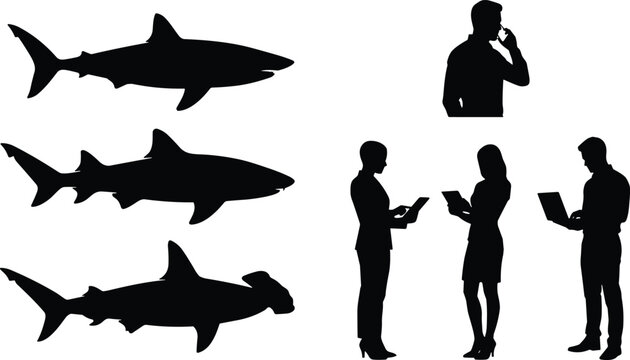 Shark and business people silhouettes set with marine animals and office workers using devices isolated vector illustration