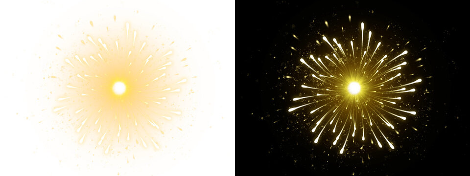 Transparent background with golden fireworks explosion and glittering particles. This bright starburst light effect is ideal for festive celebrations and creative holiday designs.