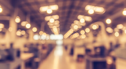 Fototapeta premium Blurred Industrial Warehouse Interior with Bokeh Lights, Perfect for Advertising Backgrounds, Hero Banners, and Copy Space