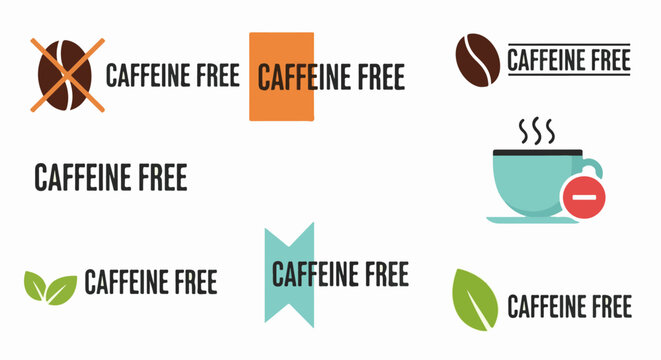 Collection of caffeine-free beverage labels with icons