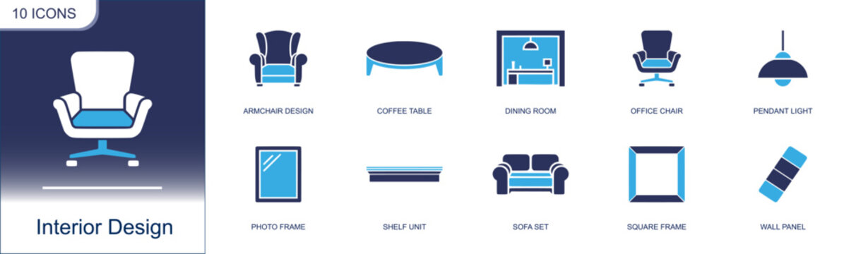 Interior design icon set. Containing armchair design, coffee table, dining room, office chair, pendant light, photo frame, shelf unit, sofa set, wall panel and more. Solid fill vector icons.