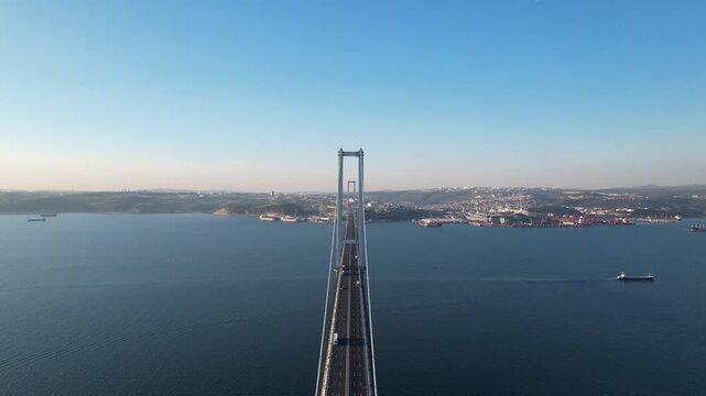 Osmangazi Bridge in Kocaeli, Turkey. Aerial shot with drone. Beautiful sunset landscape.