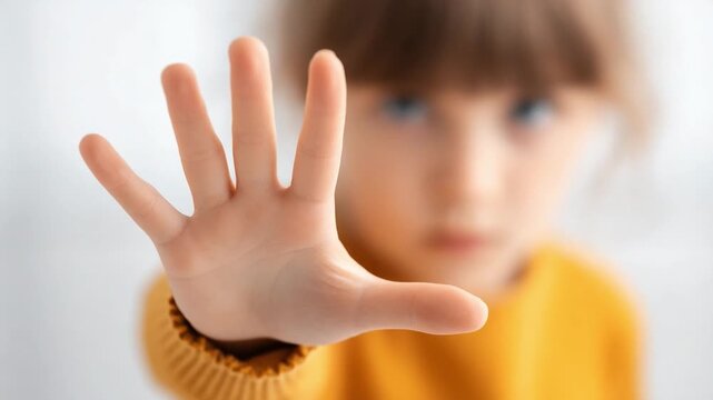 A Child's Gentle Stop: A young child extends a hand in a gesture of gentle resistance, showcasing innocence, awareness, and a need for boundaries, inviting empathy and understanding.