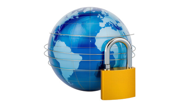 Golden Padlock Securing Blue Globe with Metallic Arc