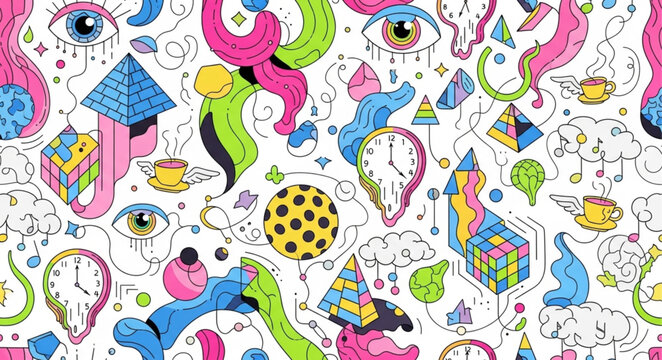 Surreal psychedelic pattern with eyes clocks and abstract shapes.