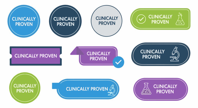 Collection of colorful badges and stickers with "Clinically Proven" text and icons
