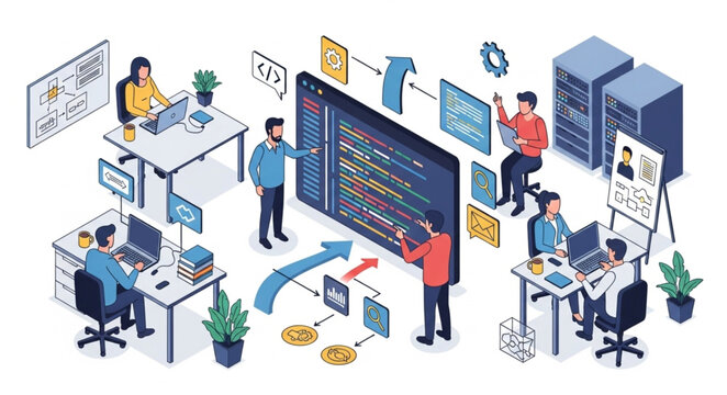 Team of developers working on a large screen coding project.