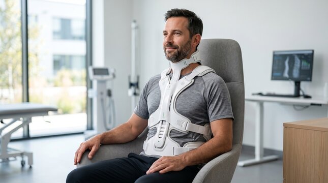 Patient wearing a futuristic sleek spinal rehabilitation brace