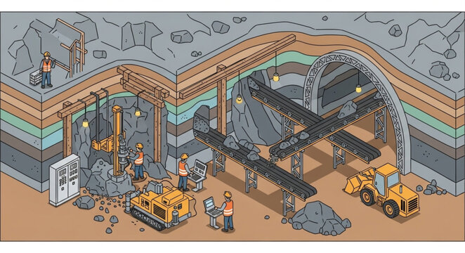 Underground mining operation with heavy machinery and tunnels.