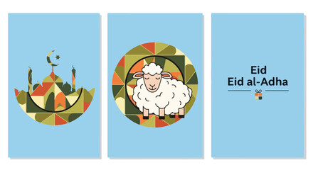 Fototapeta premium Minimalist vector graphic illustration features a sheep and mosque for Eid celebration.