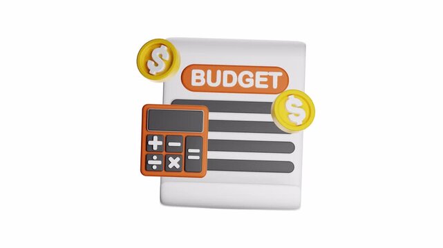 3d ux icon motion budget document surrounded by a calculator and dollar coins. Suitable for financial planning, budgeting, accounting, tax preparation, business concepts.