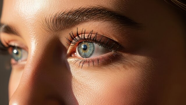 A close-up view of a person's blue eye with long eyelashes