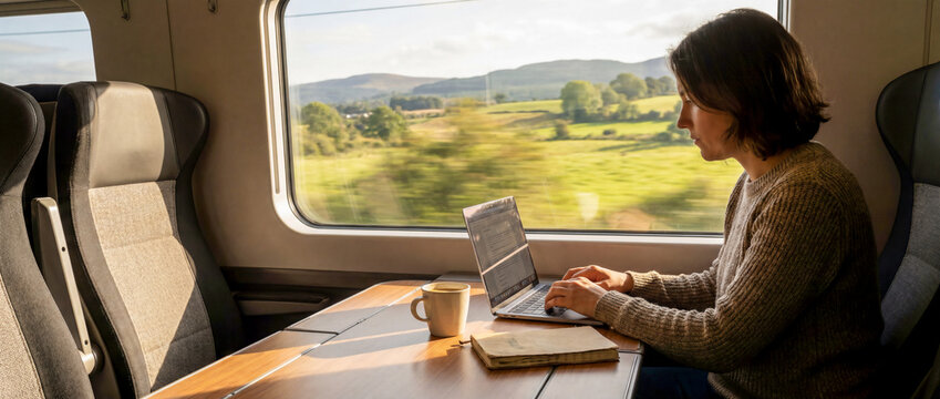 Focused young woman working on a laptop while traveling on a moving train through a scenic green countryside in warm golden hour sunlight.