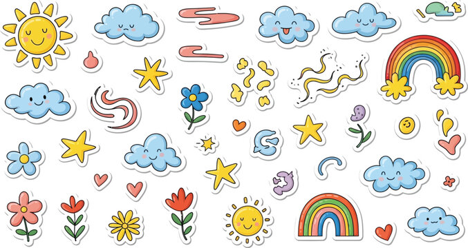 Colorful stickers collection sun rainbow flowers clouds and cute objects