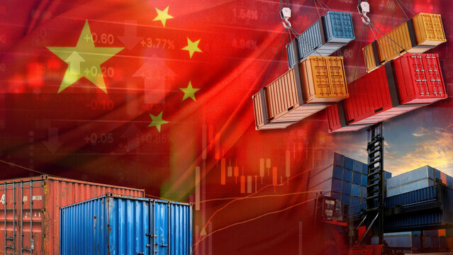 Complex geopolitical fluctuations are impacting China's imports, exports, and maritime trade. This is illustrated by shipping containers, the China flag, and industrial forklifts 
