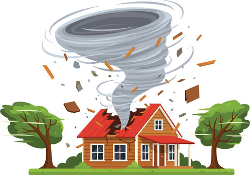 Tornado Disaster Vector Illustration with Twister Damaging House, Flying Debris, Storm Winds, and Natural Disaster Scene for Weather and Emergency Design