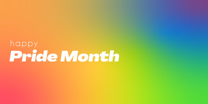 Vibrant rainbow gradient background with Happy Pride Month typography. Minimalist LGBTQ celebration banner, colorful blurred transition header for social media, website, or digital marketing. Vector.