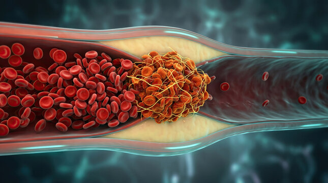 Blood clot thrombus blocking red blood cells stream artery concept. 3D illustration of blood flow in a human artery, showcasing cells.