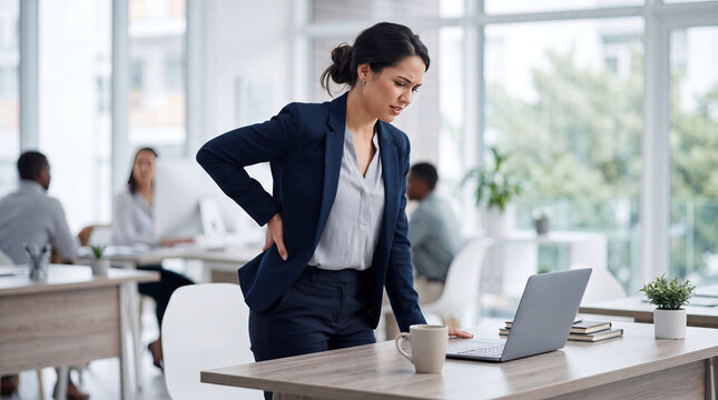 Woman suffering back pain from poor posture while working concept. A businesswoman experiencing discomfort while working at her desk.