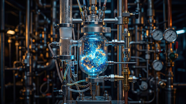 Extraction process of precious rare earth elements refinement concept. A captivating science experiment with colorful glass apparatus.