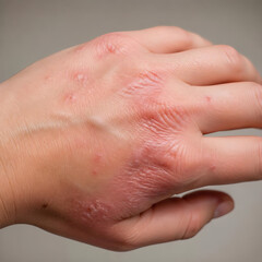Fototapeta premium Close up of Atopic Dermatitis on Woman s Hand Redness Inflammation Dry Skin Texture Medical High Resolution Dermatology Image Eczema Affected Area Shallow Depth of Field Soft Natural Lighting