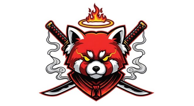 Fierce red panda warrior stunning illustration of a red panda with swords and fire halo