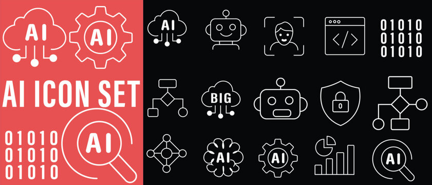 Artificial Intelligence Icon Set with Machine Learning and Big Data Technology Symbols