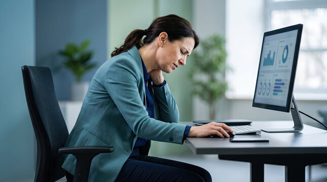 Woman suffering back pain from poor posture while working concept. A professional woman experiences stress while working at her desk.