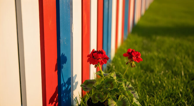Celebrating independence day vibrant fence and red flowers patriotic summer scene