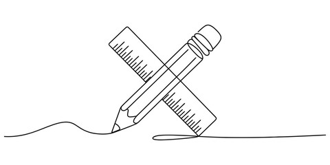 Continuous single line drawing of a wooden pencil crossed with a plastic ruler for school education and creative design sketching Vector, illustration © Creative_Outline2019