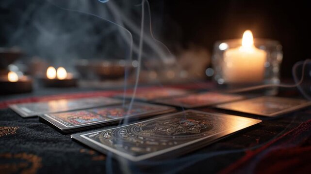 Tarot cards on a table with candles and smoke during a reading session in a dimly lit room at night