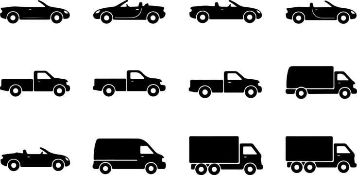 collection of black silhouettes representing various types of vehicles including convertibles pickup trucks and delivery vans for automotive design and transportation concepts