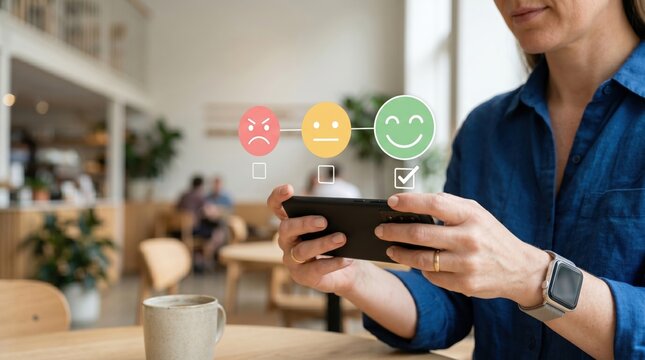 Woman selecting happy smiley face on mobile phone screen showing customer satisfaction rating survey with angry neutral and satisfied表情 options for feedback and user experience