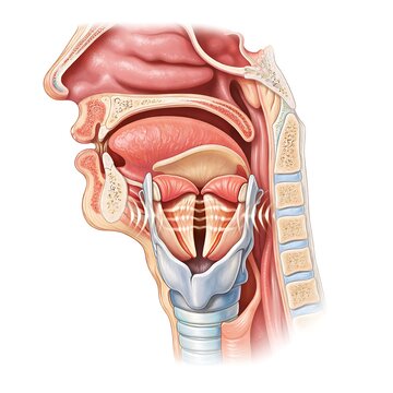 Anatomical illustration of human larynx and vocal cords showing sound production
