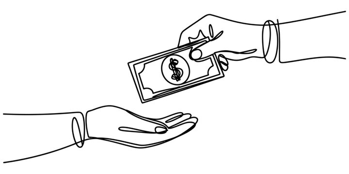 One line drawing of a person handing over a dollar bill to another person representing a financial transaction or payment concept Vector, illustration