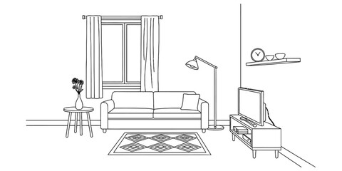 Simple line art drawing of a cozy living room interior with a comfortable sofa, television, floor lamp, and a window with curtains Vector, illustration © Creative_Outline2019