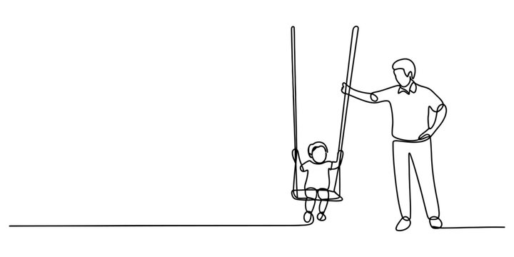 Continuous single line drawing of a father pushing his little child on a swing in a park showing love and family bond Vector, illustration