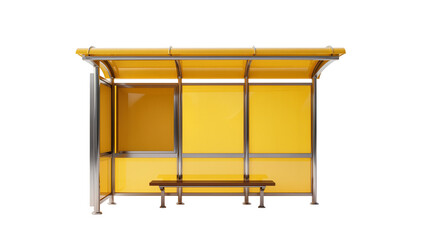 Yellow metal bus shelter with bench and glass panels © Paula