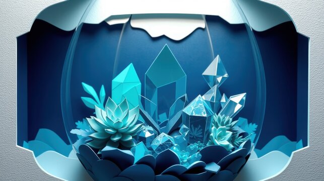 Papercraft scene depicts crystals, succulents within recessed wall niche. Blue tones dominate composition, creating serene mood.