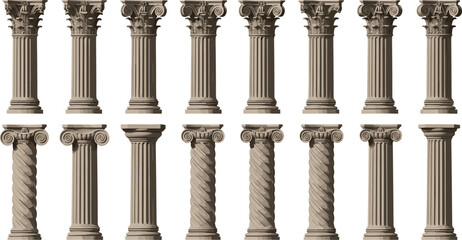 Fototapeta premium Classical Columns Collection with Ionic Corinthian and Twisted Pillars Ancient Architecture Elements Flat Vector Illustration Set
