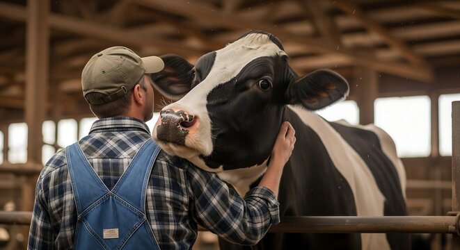 A farmer gently pets a Holstein cow in a modern barn.
