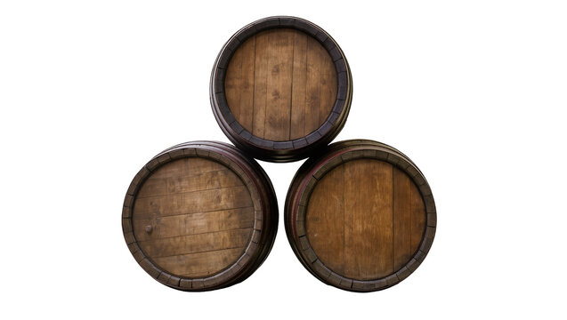 Three Wooden Barrels Stacked in a Triangular Formation