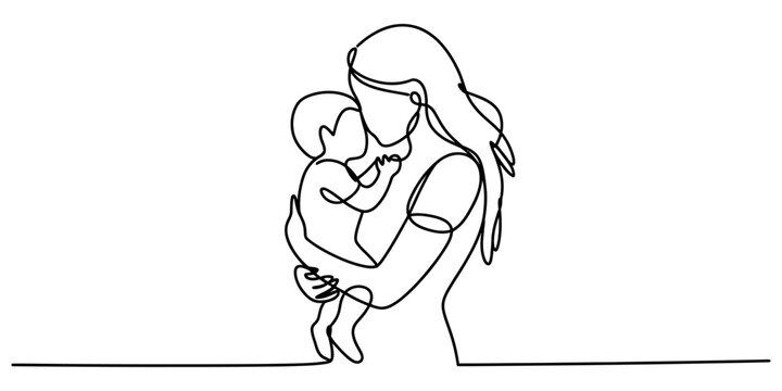 Continuous single line drawing of a mother holding her baby close with love and care showing the bond between parent and child Vector, illustration