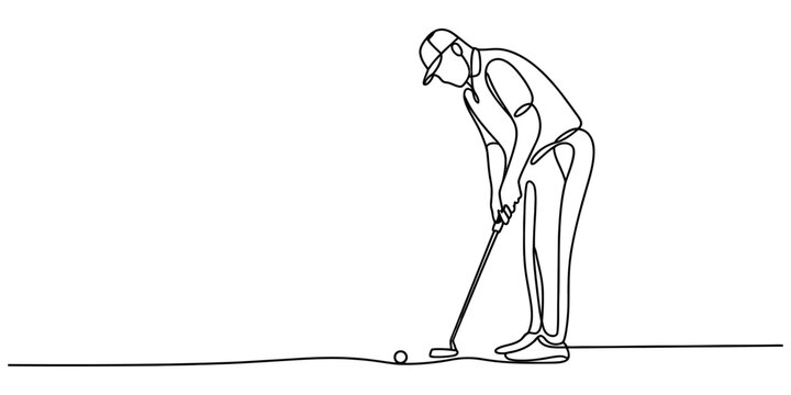 Continuous single line drawing of a man playing golf hitting the ball with a putter in a minimalist style for sports design Vector, illustration